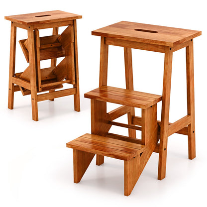 3-Tier Folding Step Stool Rubber Wood Ladder Chair with Handle-Rustic Oak