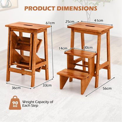 3-Tier Folding Step Stool Rubber Wood Ladder Chair with Handle-Rustic Oak