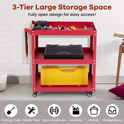 3-Tier Rolling Tool Cart with 4 Universal Wheels with 2 Brakes-Red