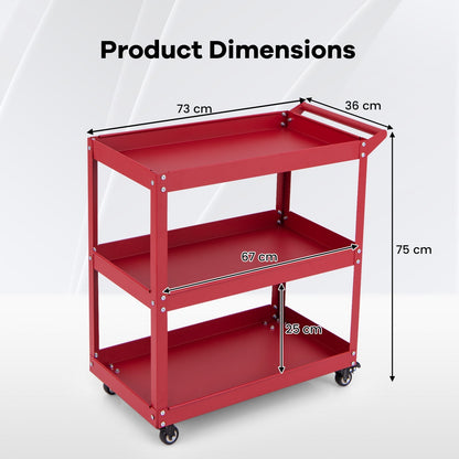 3-Tier Rolling Tool Cart with 4 Universal Wheels with 2 Brakes-Red