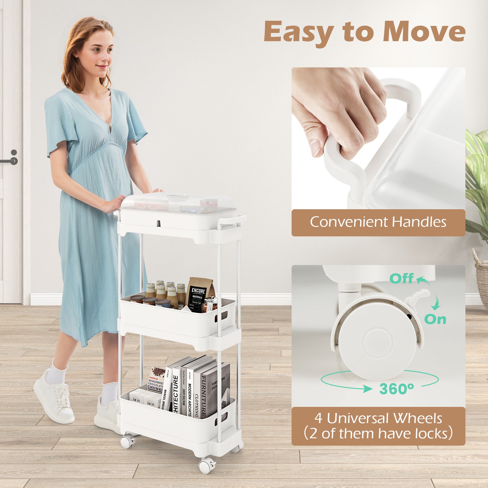 3-Tier Rolling Utility Cart Storage Trolley with Removable Cover and Shelves-White