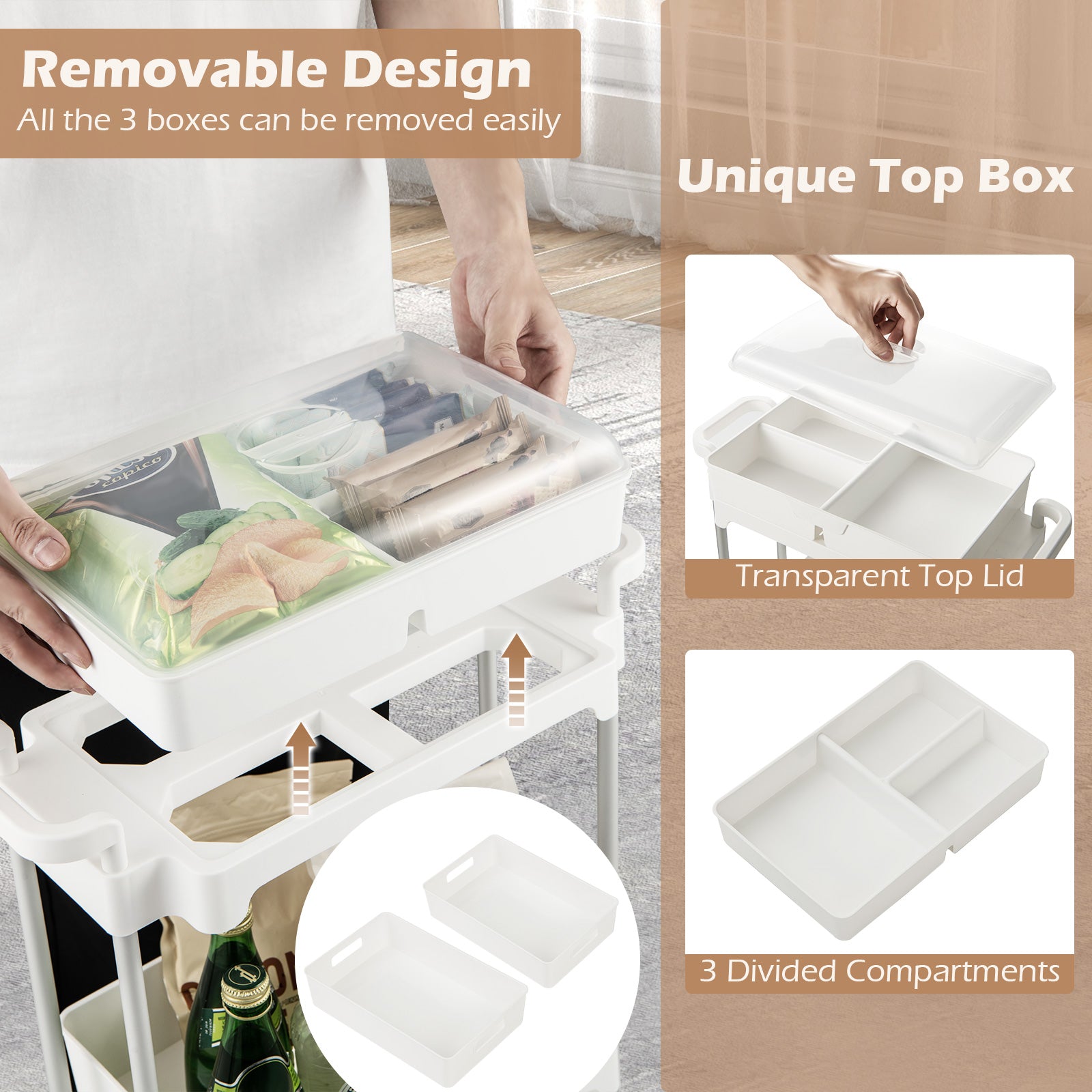 3-Tier Rolling Utility Cart Storage Trolley with Removable Cover and Shelves-White