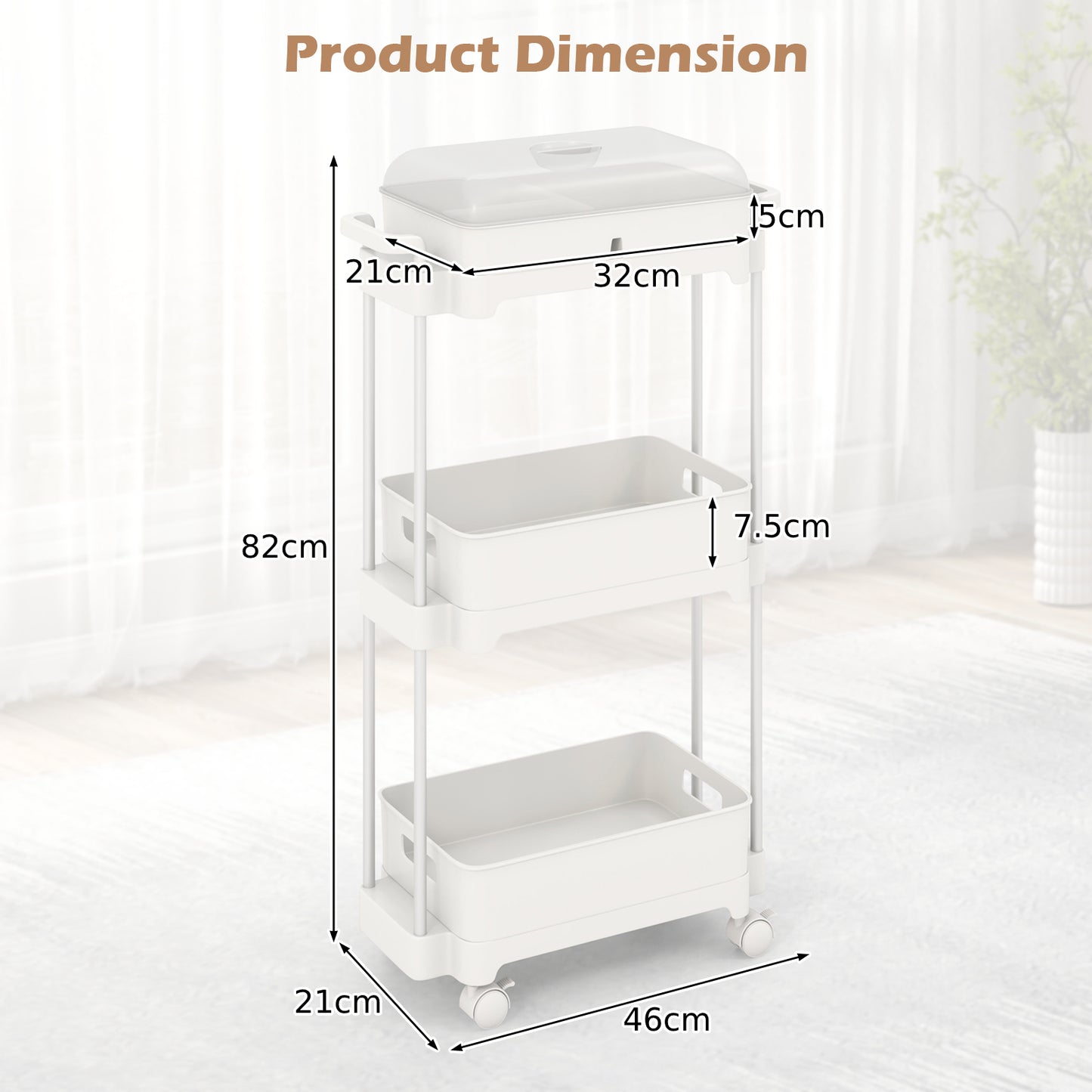 3-Tier Rolling Utility Cart Storage Trolley with Removable Cover and Shelves-White