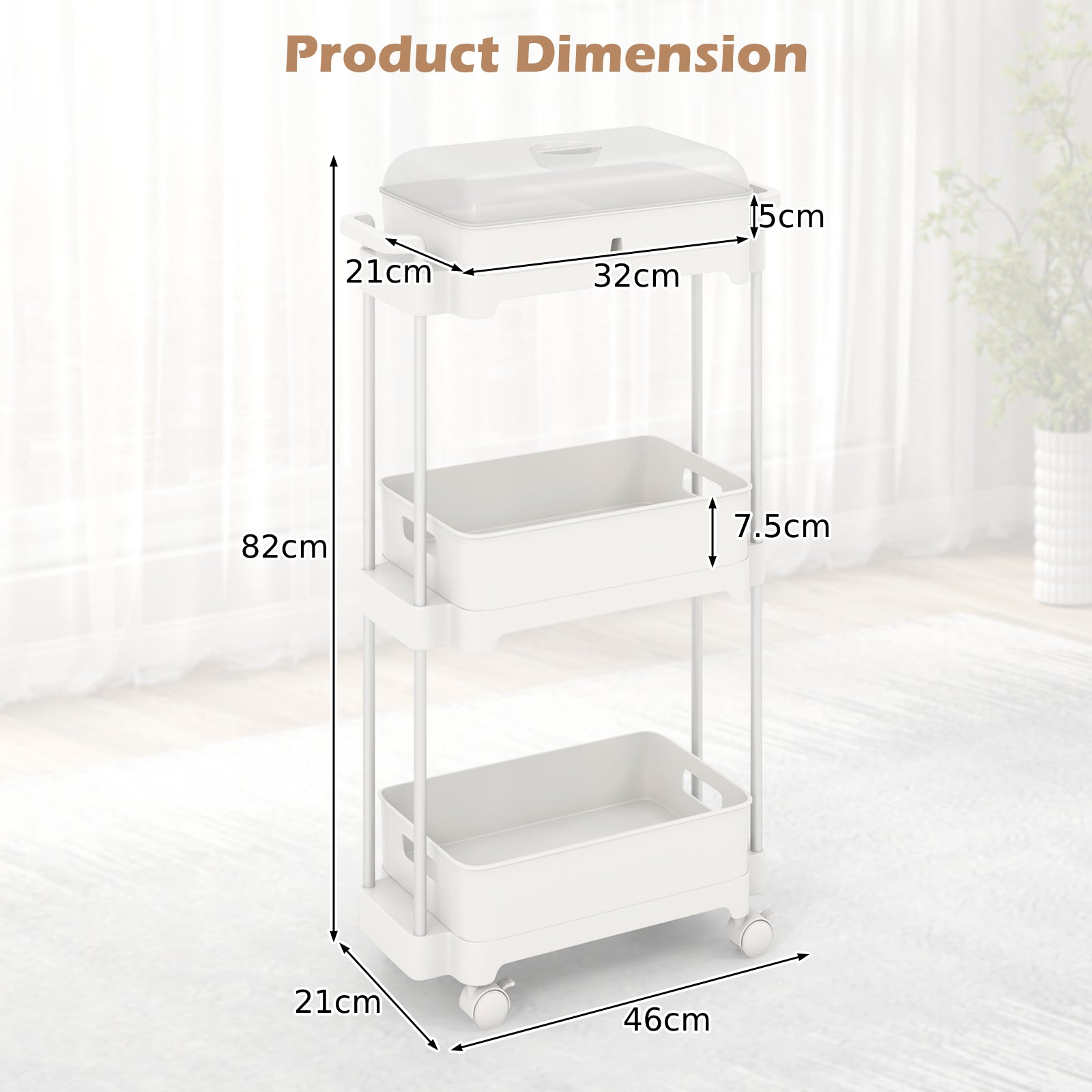 3-Tier Rolling Utility Cart Storage Trolley with Removable Cover and Shelves-White