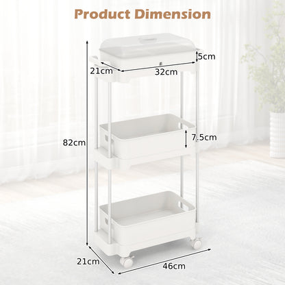 3-Tier Rolling Utility Cart Storage Trolley with Removable Cover and Shelves-White