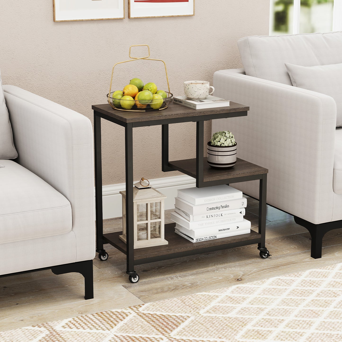 3-Tier Small Sofa Couch Side Table with Lockable Casters for Living Room-Grey