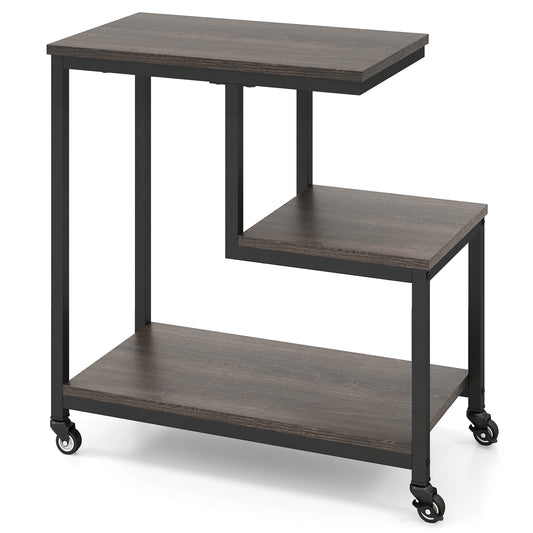 3-Tier Small Sofa Couch Side Table with Lockable Casters for Living Room-Grey