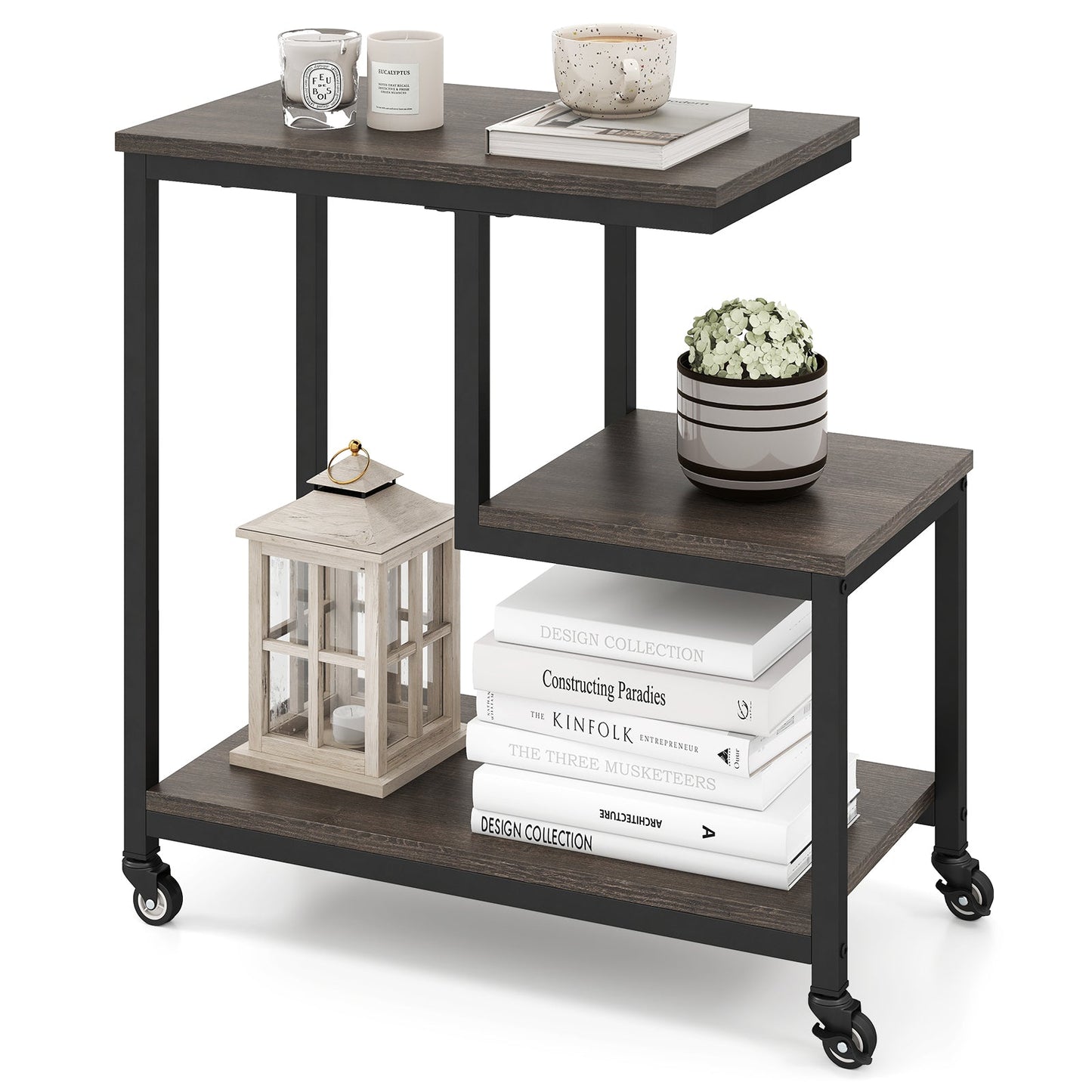 3-Tier Small Sofa Couch Side Table with Lockable Casters for Living Room-Grey