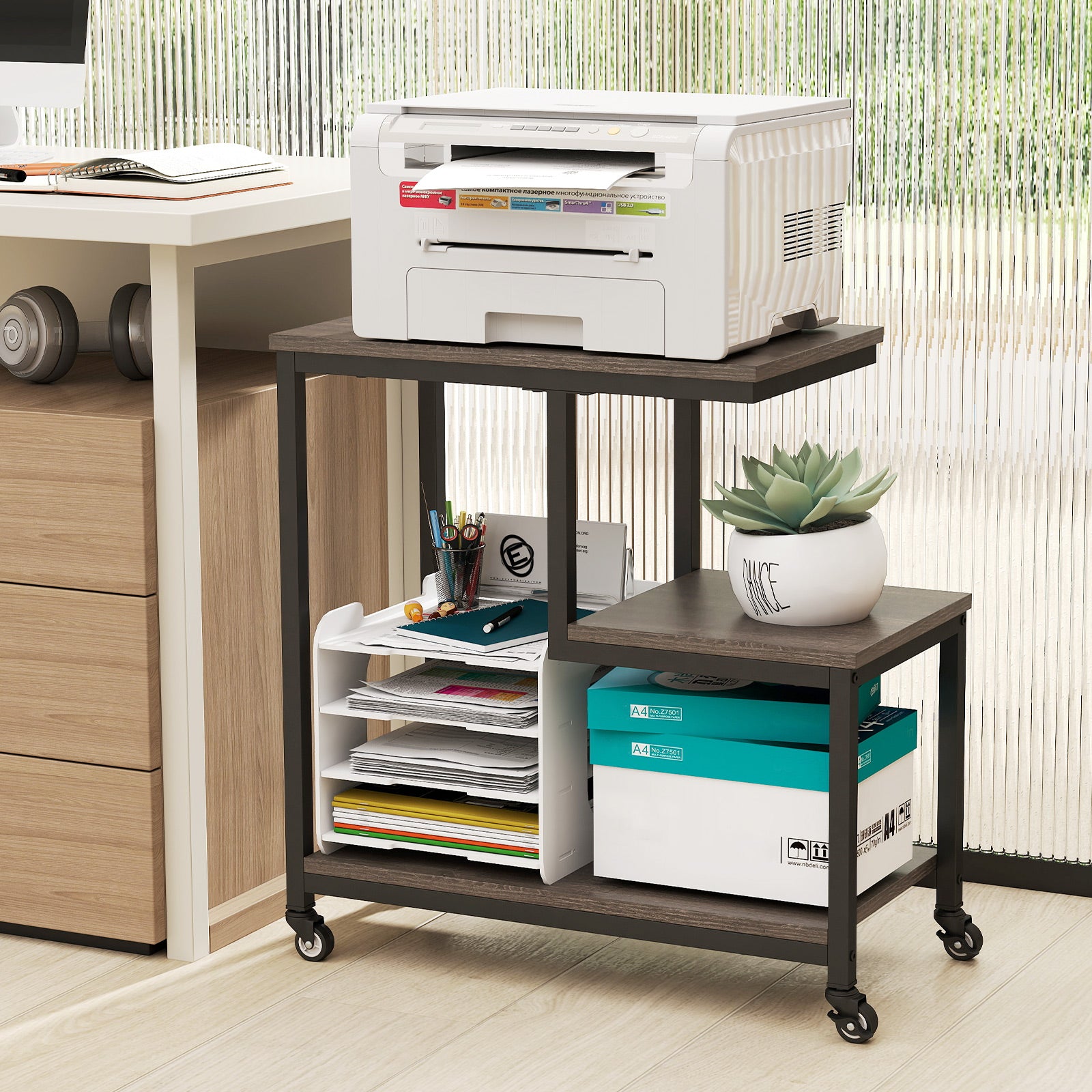 3-Tier Small Sofa Couch Side Table with Lockable Casters for Living Room-Grey