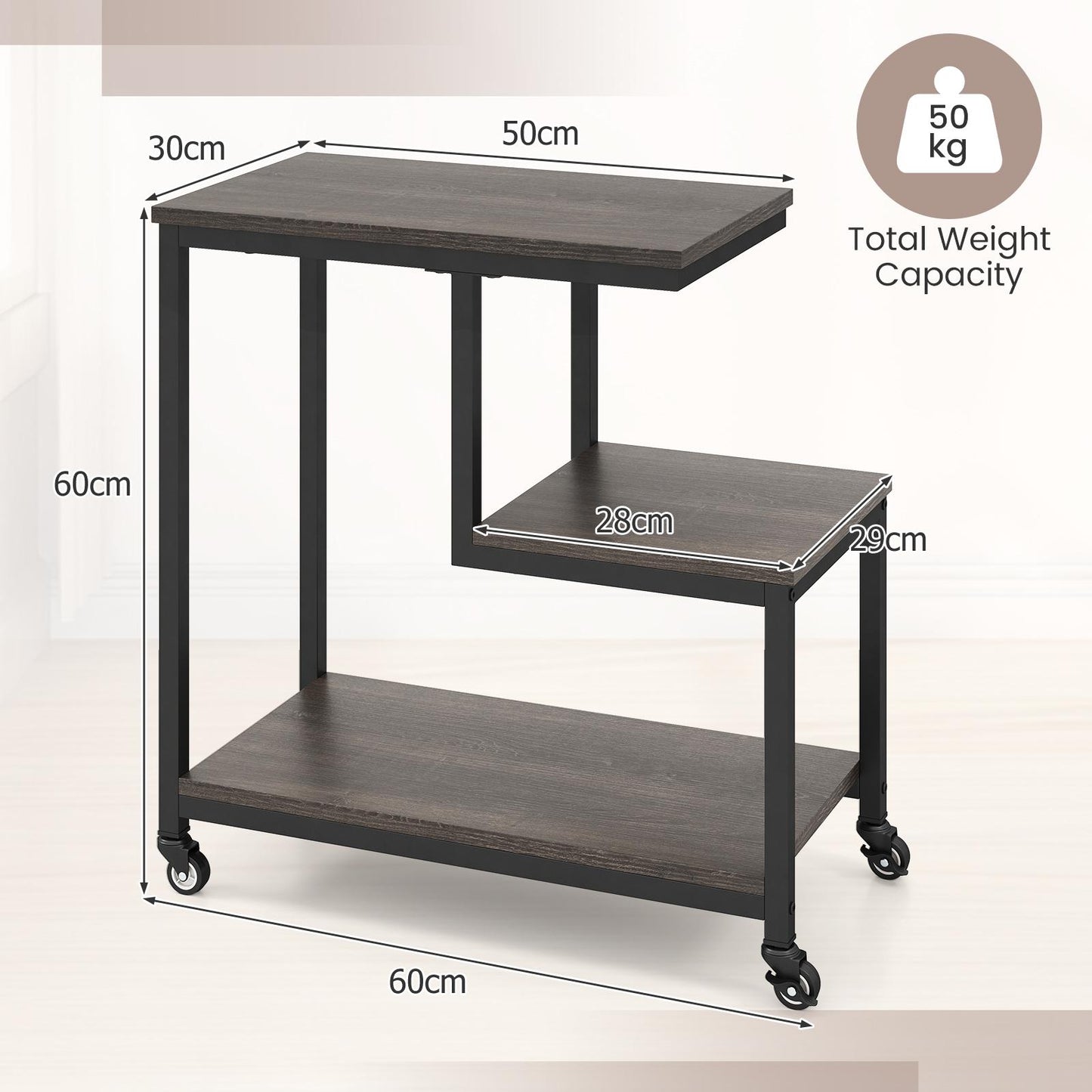 3-Tier Small Sofa Couch Side Table with Lockable Casters for Living Room-Grey