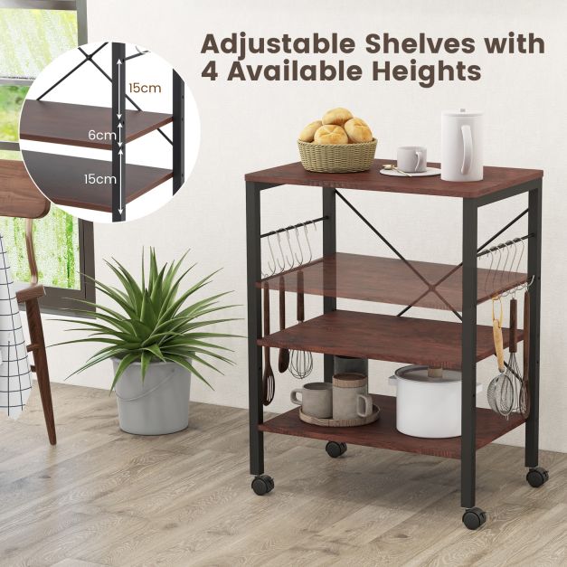 3-Tier Utility Cart Storage Trolley with 10 Removable Hooks-Coffee