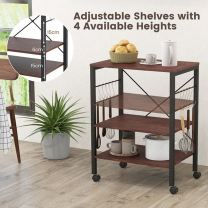 3-Tier Utility Cart Storage Trolley with 10 Removable Hooks-Coffee
