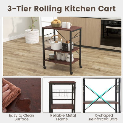 3-Tier Utility Cart Storage Trolley with 10 Removable Hooks-Coffee