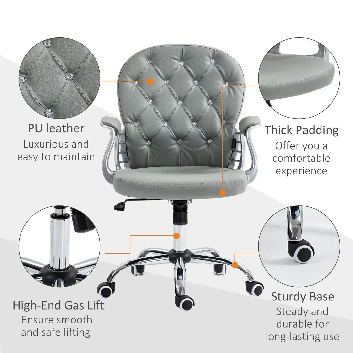 Vinsetto Office Chair Ergonomic 360¡ Swivel PU Diamante Padded Base 5 Castor Wheels for Home Work Grey