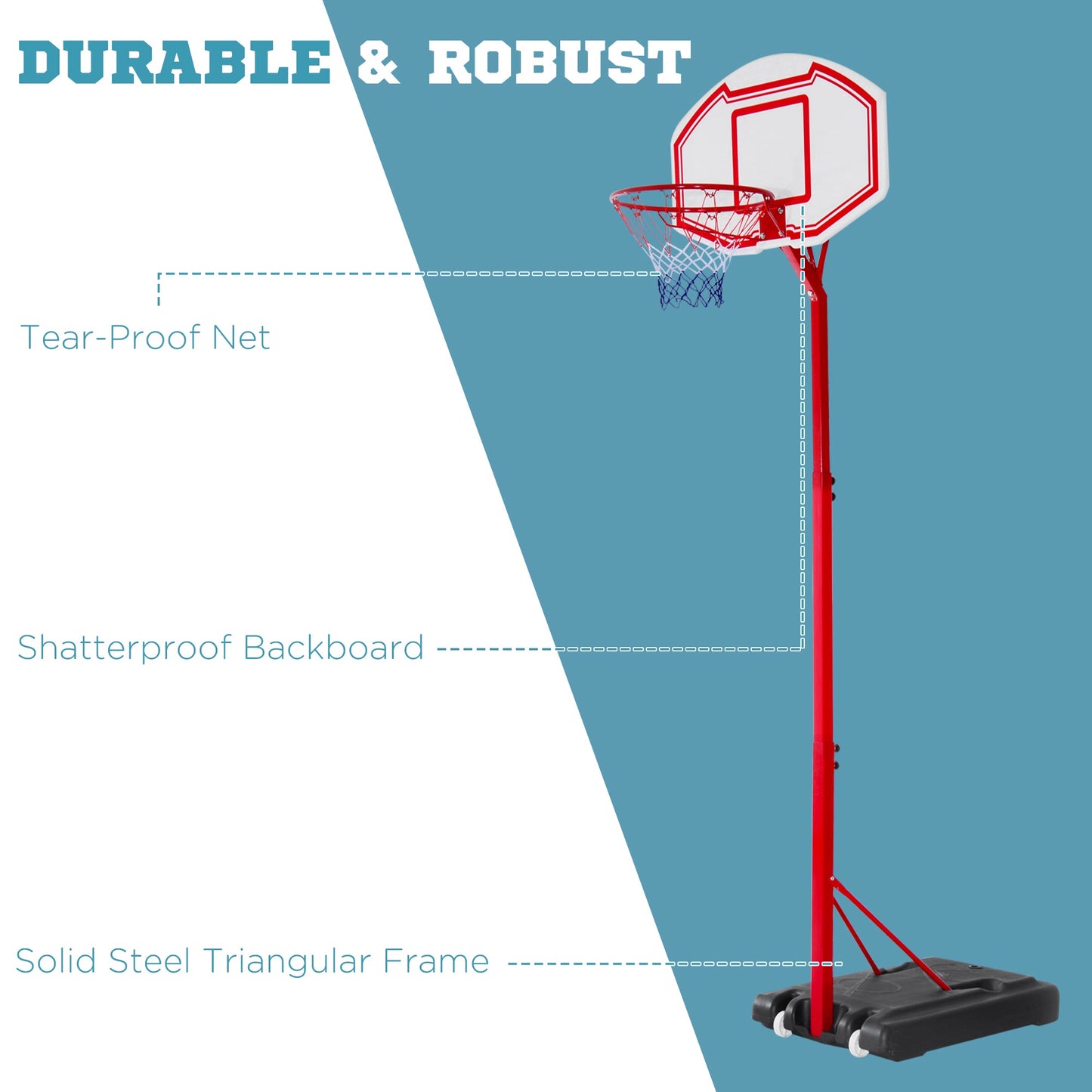 HOMCOM Basketball Hoop Stand Portable System PE Backboard Height Adjustable 2.1-2.6m with Wheels for Adults Sports Fun