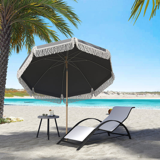 Outsunny 1.7 m Beach Umbrella with Sand Anchor, 30Â° Tilting Fringed Beach Garden Parasol with Adjustable Height, Grey