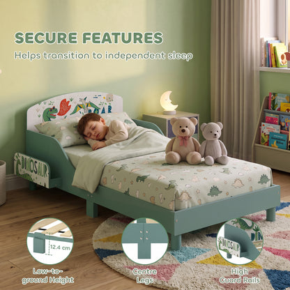 AIYAPLAY Toddler Bed with Bedside Storage and Guard Rails for 3-8, Fits 140 x 70 x 10cm Mattress, Green Dinosaur Print