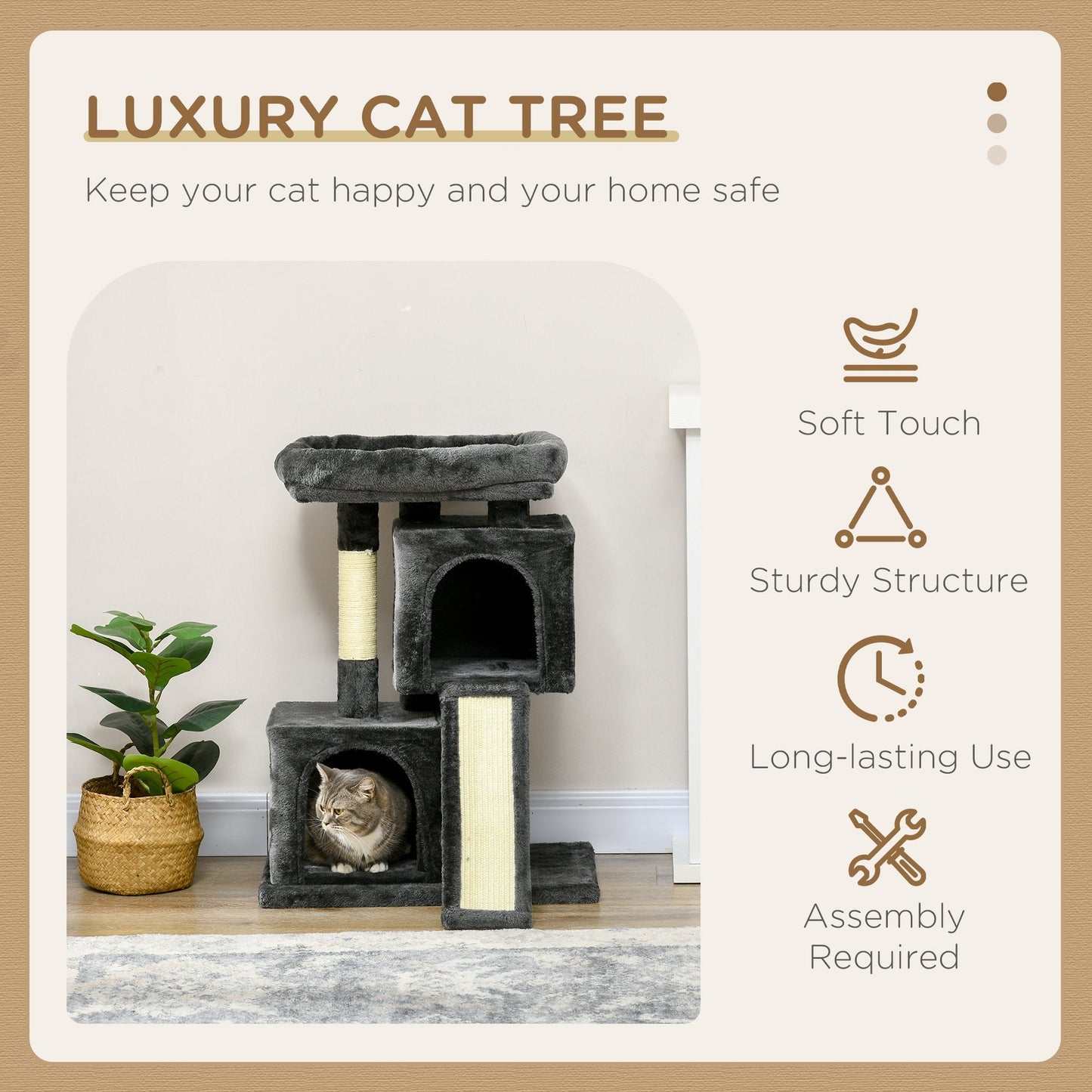 PawHut Cats 3-Tier Sisal Rope Leisure Tree رمادي داكن