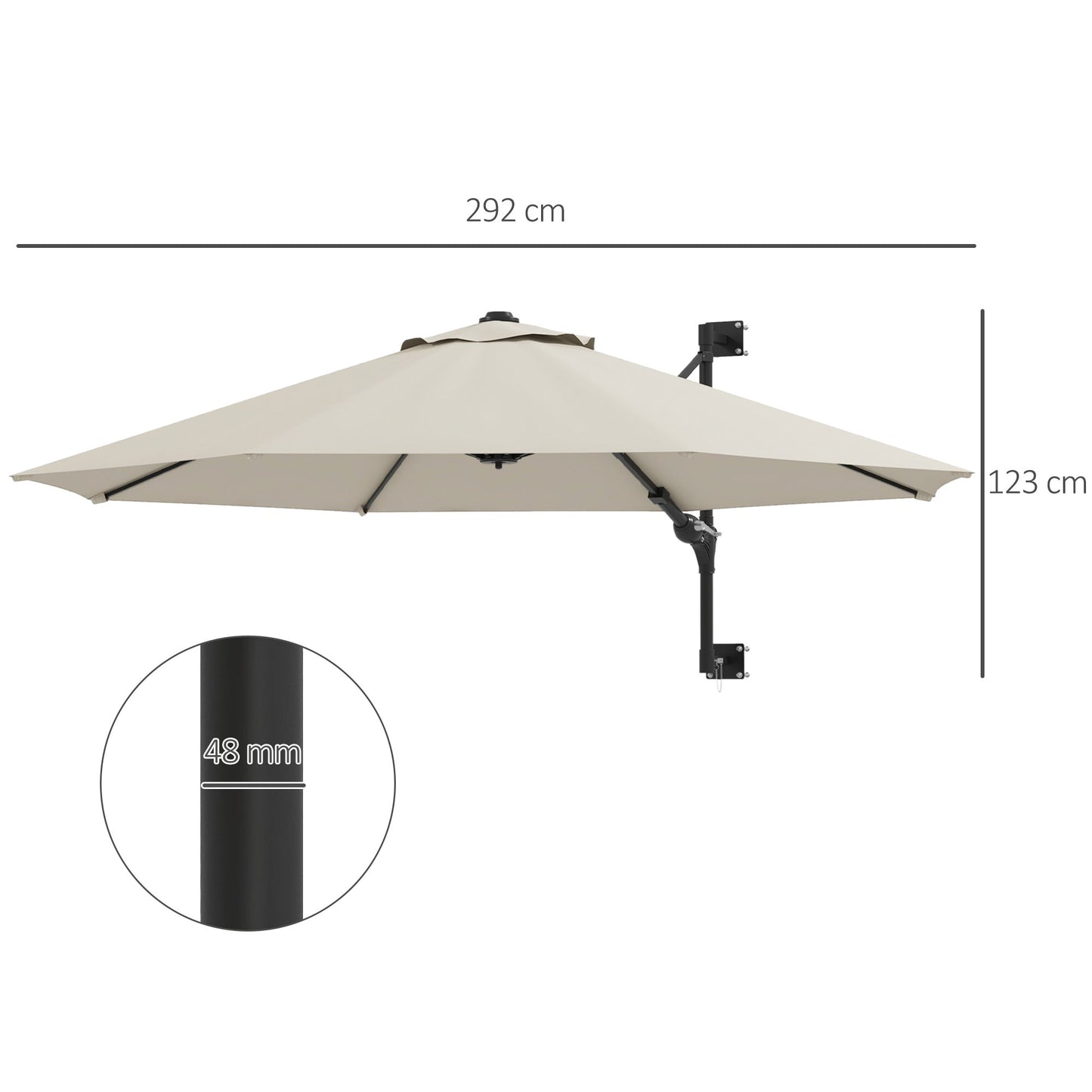 Outsunny Wall Mounted Umbrella with Vent, Garden Patio Parasol Umbrella Sun Shade Canopy, Beige