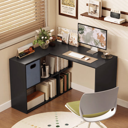 HOMCOM 110 cm L-Shaped Desk, Small Computer Desk with Fabric Drawer and Storage Shelves for Home Office, Study, Black