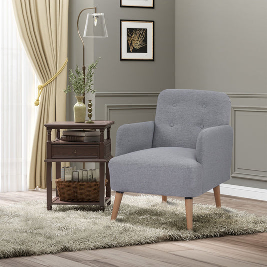 Upholstered Armchair, Nature Wood Frame Living Room Chairs with Birch Wood Legs & Thick Padding Seat and Button Mid-Back, Light Grey