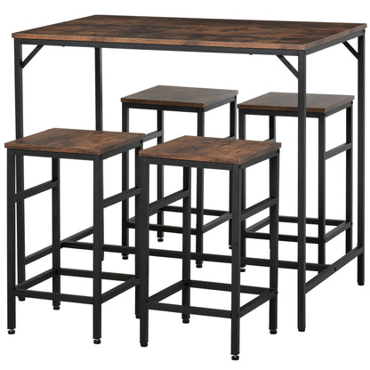 HOMCOM 5-Piece Breakfast Bar Table and Stools Set, Kitchen Bar Table Set with High Table and 4 Stools, Space Saving Compact Dining Furniture for Small Spaces, Rustic Brown