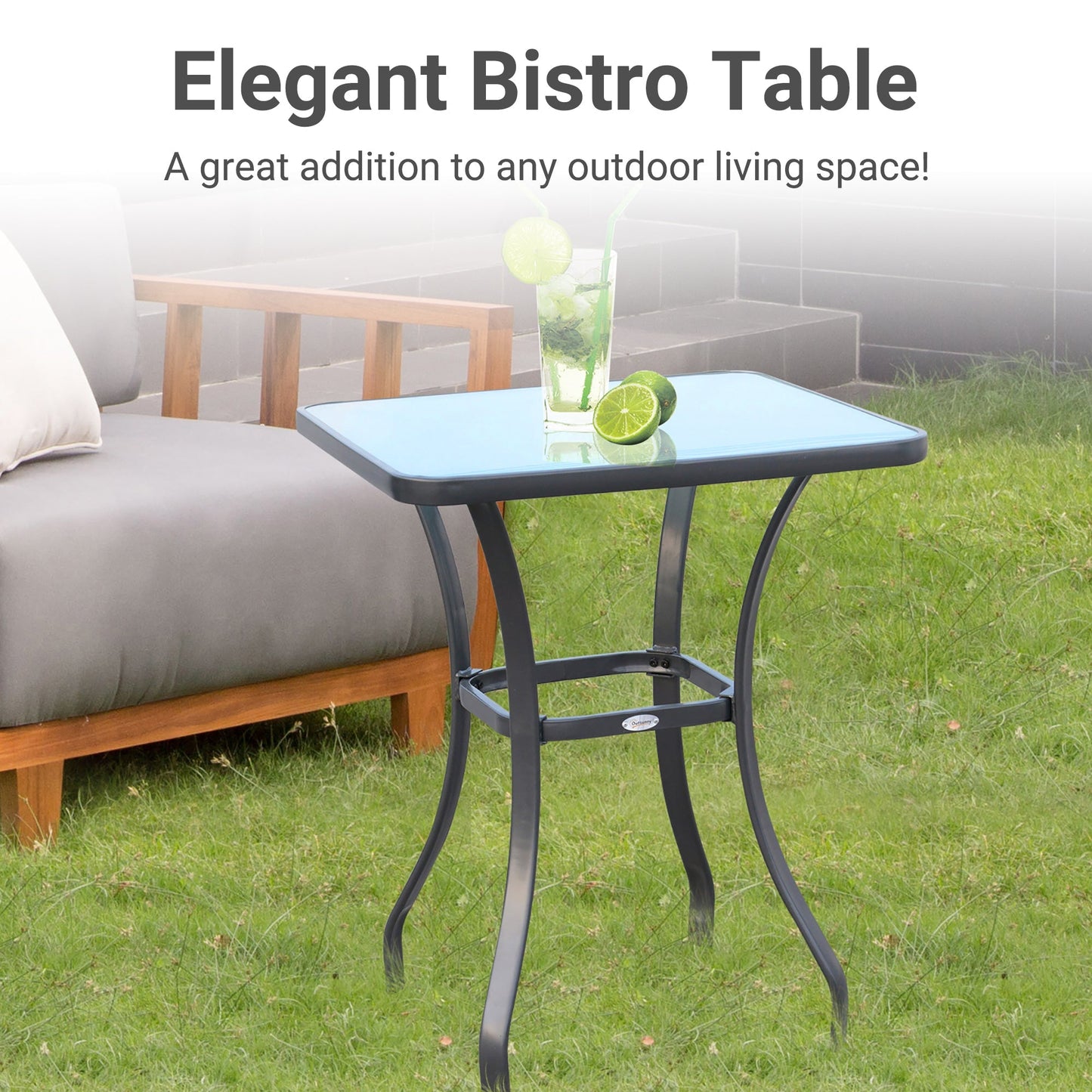 Outsunny Bar Table Bistro Square Glass Dining Kitchen Breakfast Pub Party Metal Garden Café Coffee Garden Table