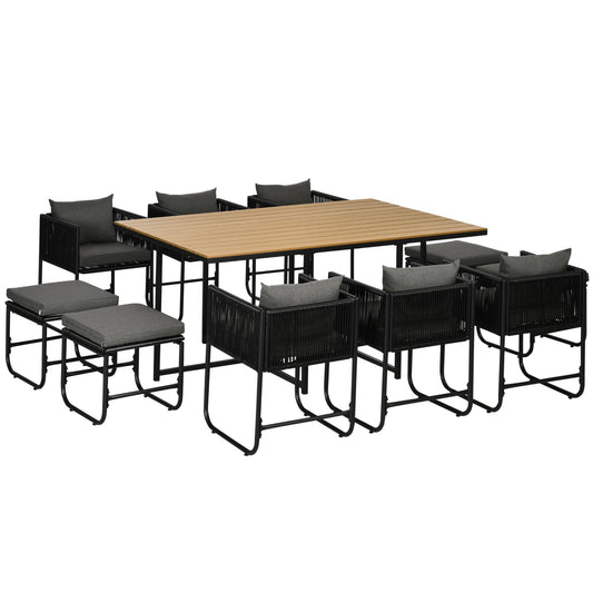 Zestaw mebli ogrodowych Outsunny 10 Seater Rattan Cube, zestaw jadalny z rattanu z poduszkami, stół jadalny i krzesła do użytku na zewnątrz z 6 fotelami, 4 stołkami, prostokątny stół z plastikowym blatem o strukturze drewna, czarny