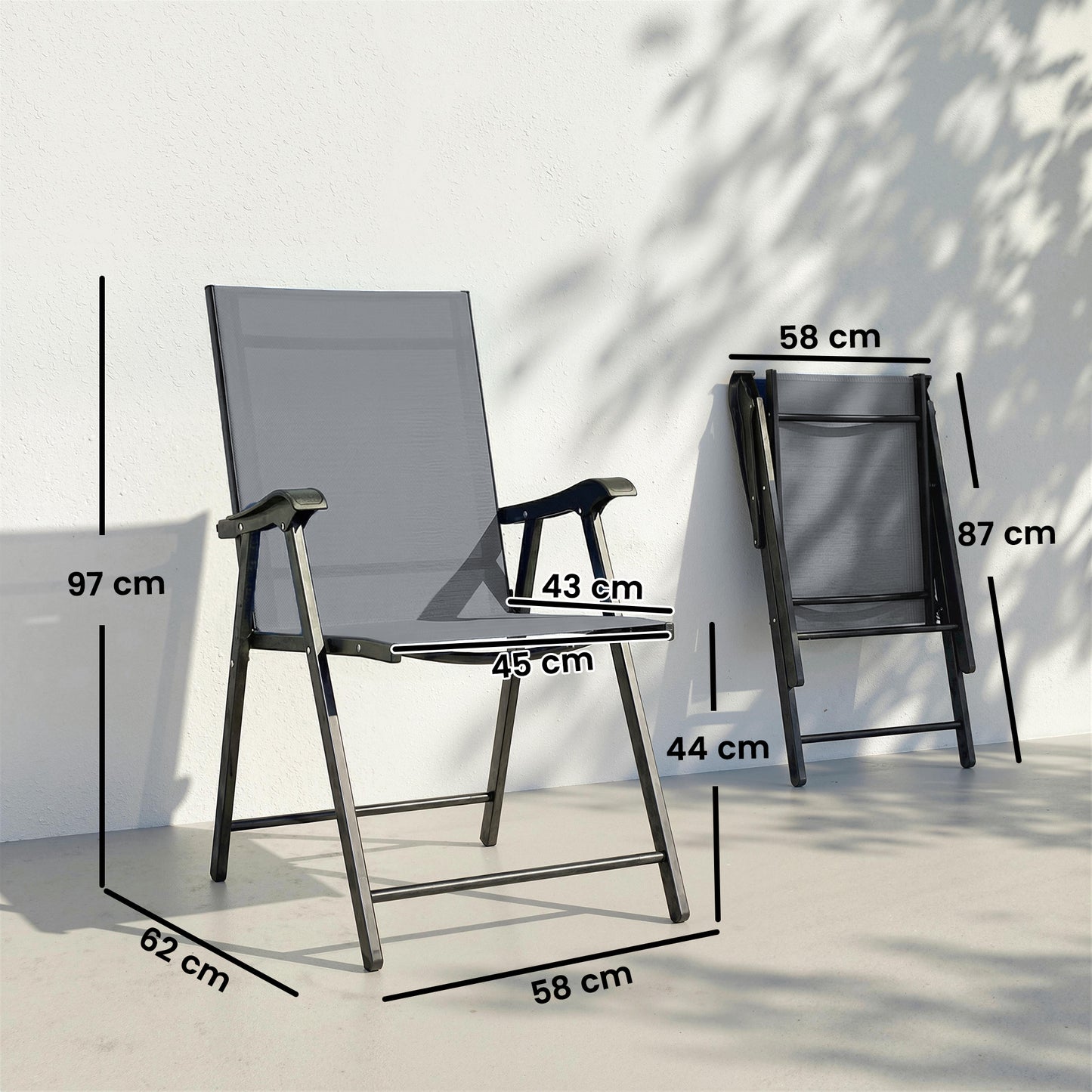 Outsunny Folding Garden Chairs Set of 4, Foldable Garden Dining Chairs with High Back, Armrests, Texteline Seat, Light Grey