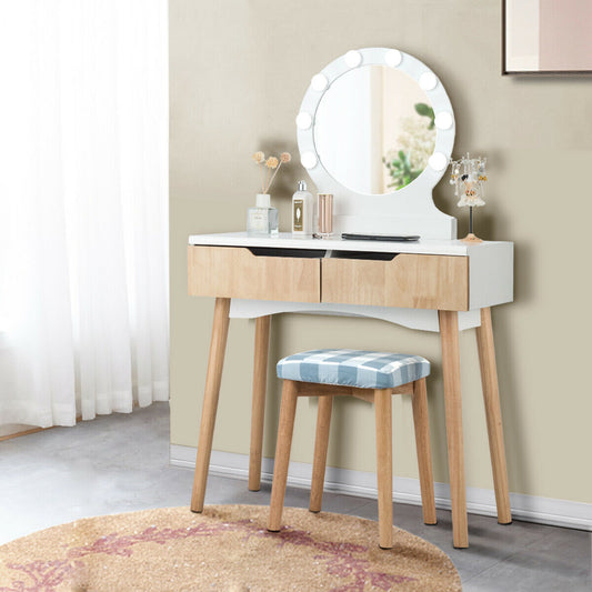 Vanity Dressing Table Makeup Desk with LED Round Mirror Bedroom-Natural