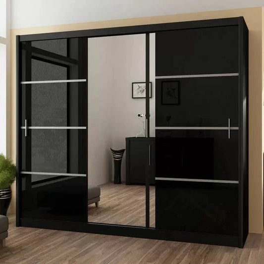 Vista High Gloss Large Mirrored Sliding Door Wardrobe - Black and White