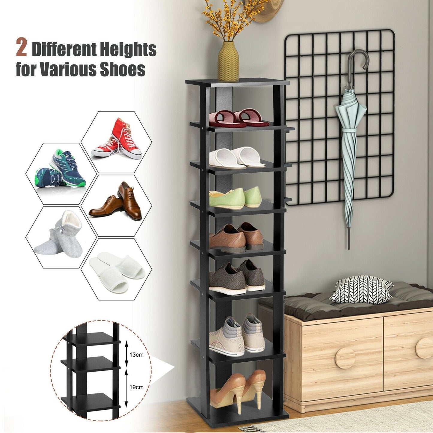 Wooden Vertical Shoe Rack with 7 Shelves-Black