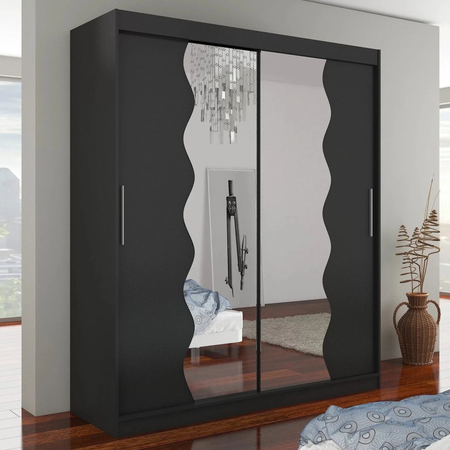 Kamil Mirrored 2-Door Sliding Wardrobe 180cm - Black, Brown or Sonoma Oak