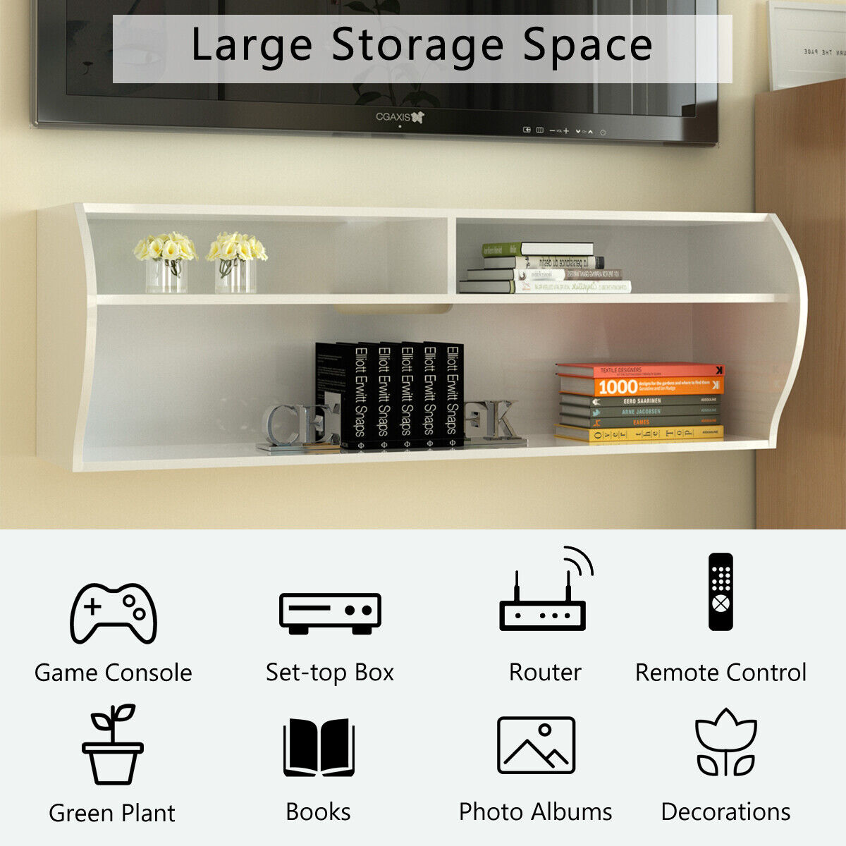 Wall-Mounted TV Stand Floating Cabinet Media Center with Cable Hole-White