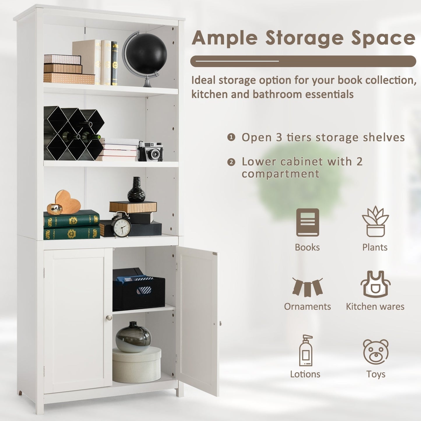 3-Shelf Bookcase with Double Doors &amp; Adjustable Shelves &amp; Cabinet-White