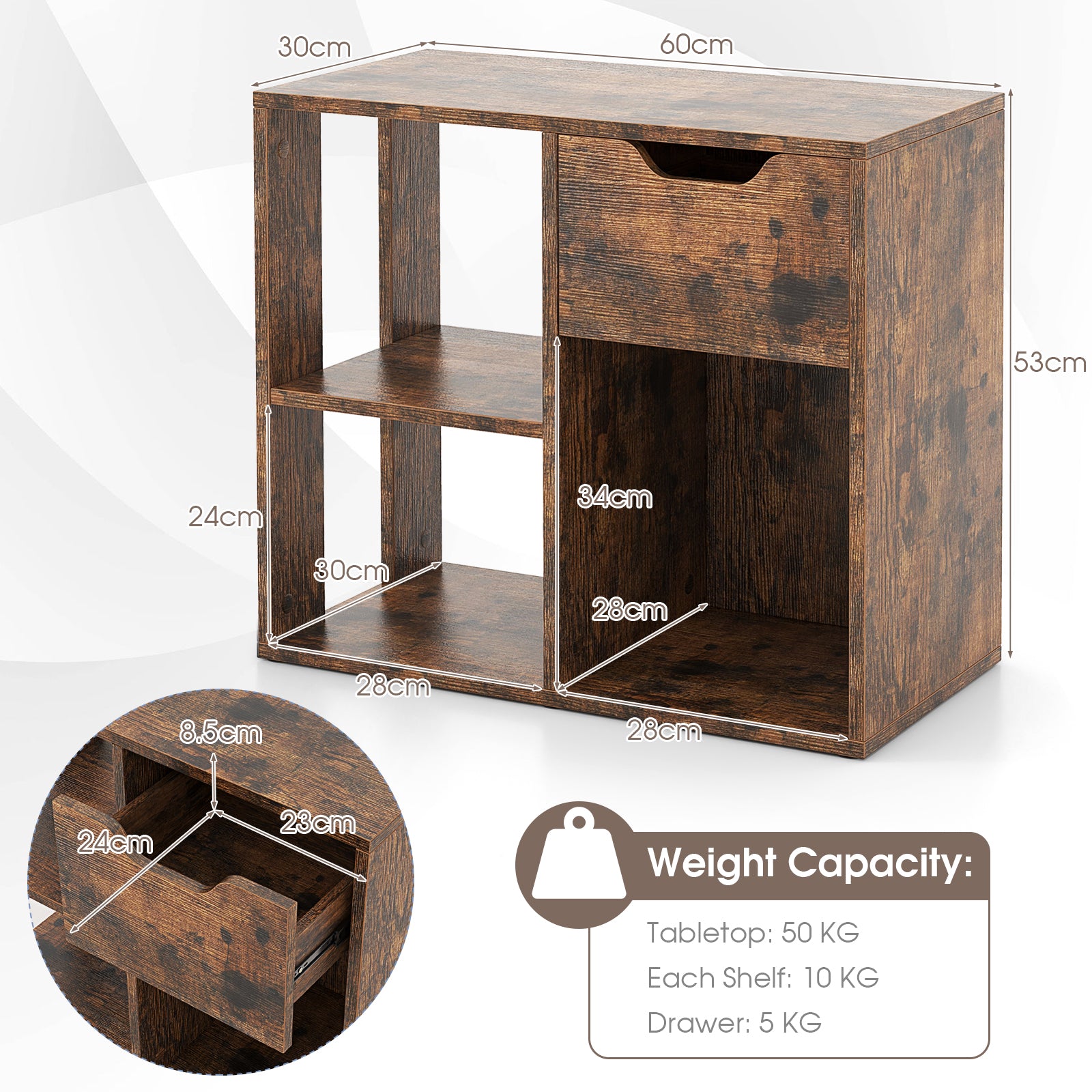 3-Cube Wooden Storage Shelf with Drawer-Rustic Brown