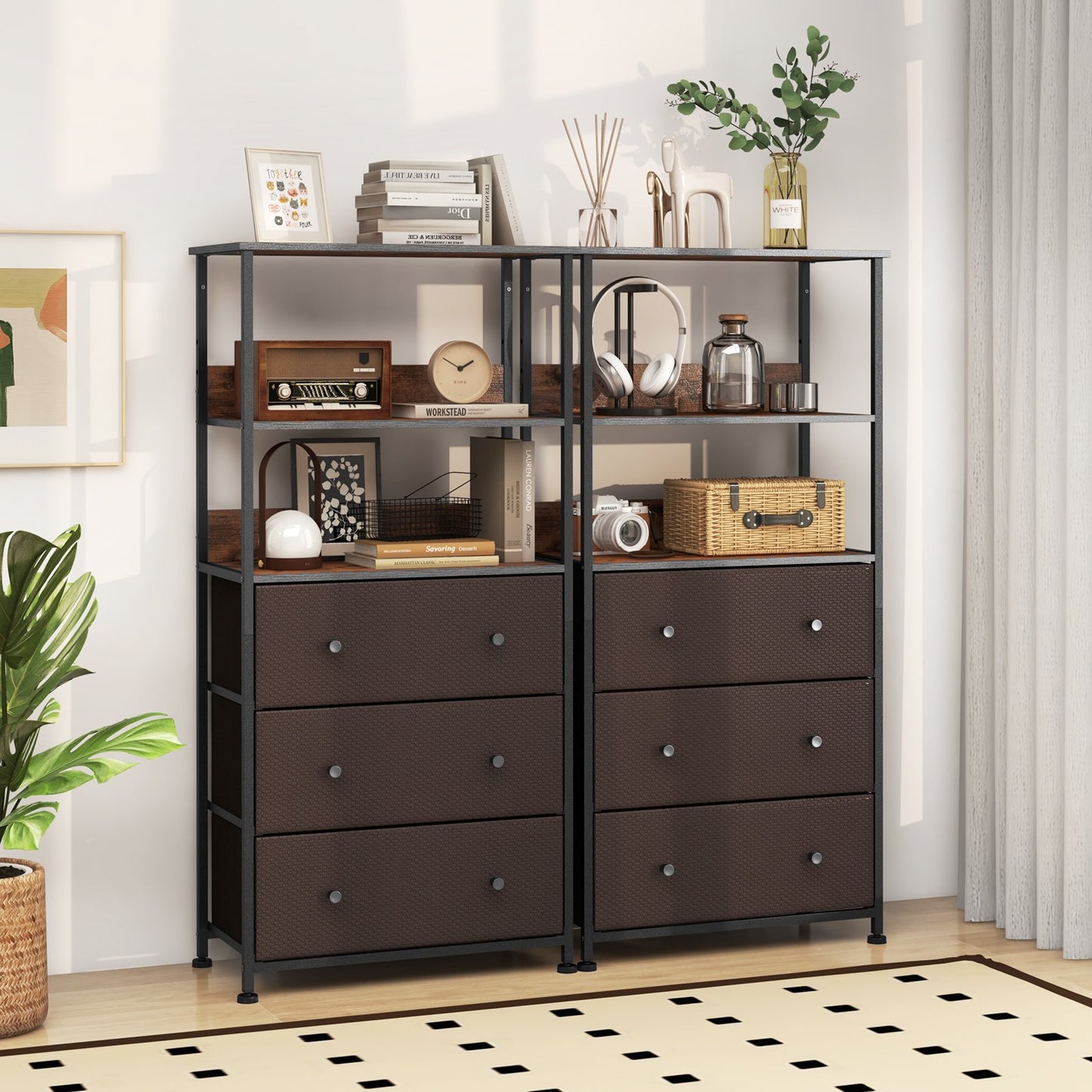 3 Drawer Dresser Home Vertical Fabric Storage Unit with Open Shelves-Rustic Brown