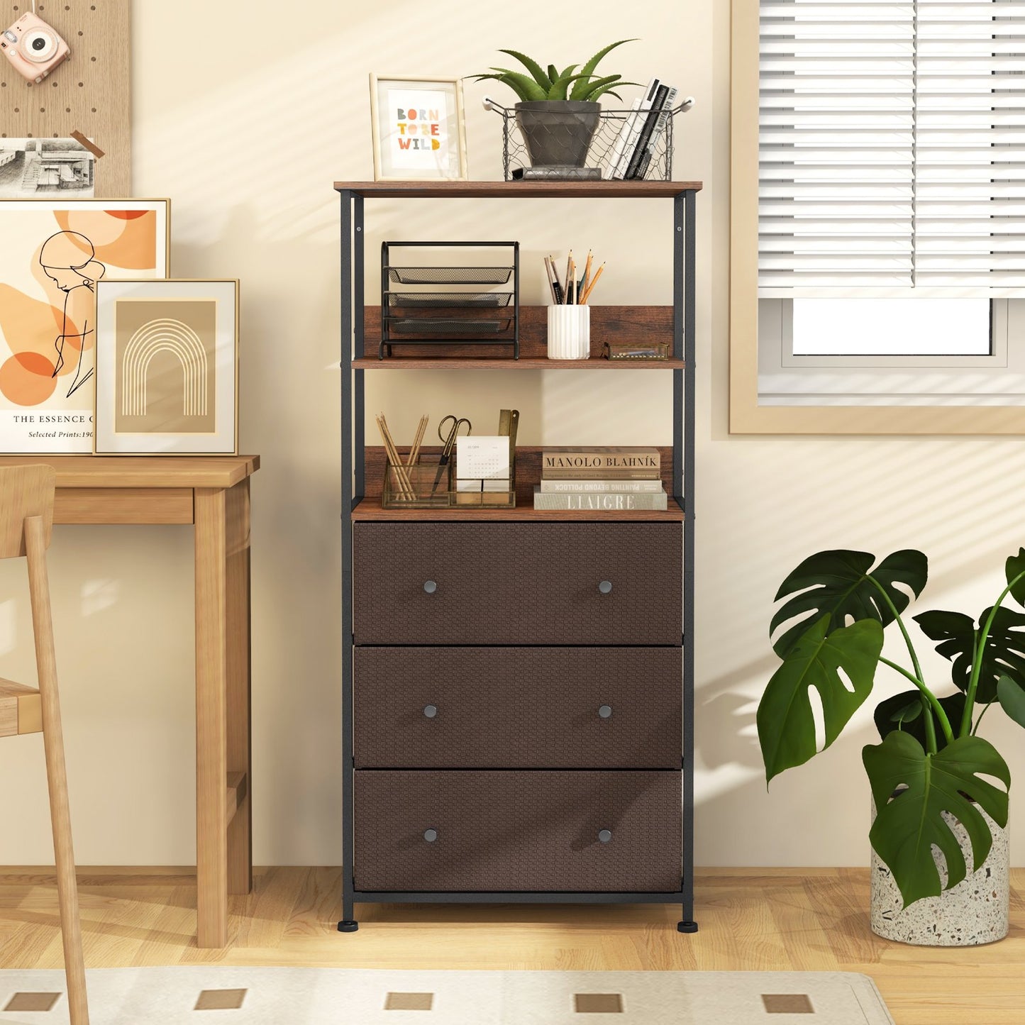 3 Drawer Dresser Home Vertical Fabric Storage Unit with Open Shelves-Rustic Brown