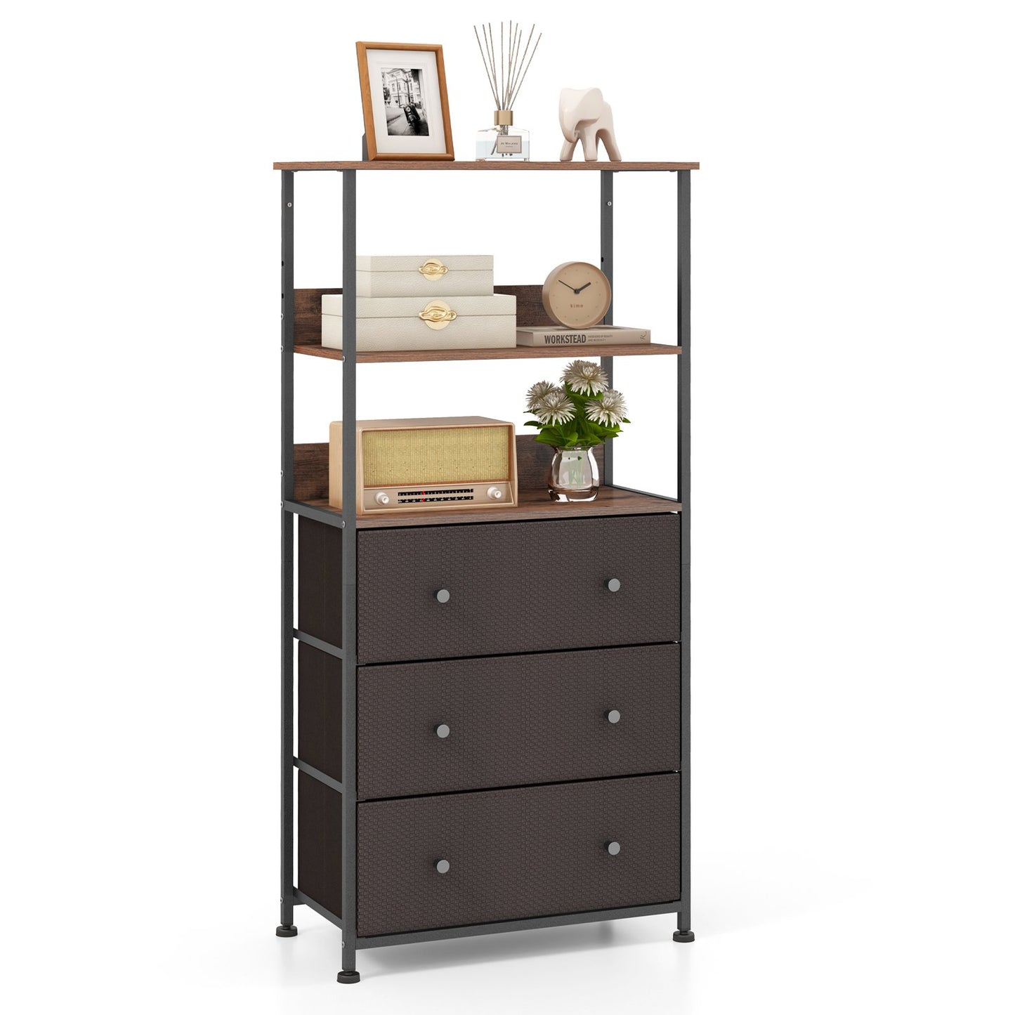 3 Drawer Dresser Home Vertical Fabric Storage Unit with Open Shelves-Rustic Brown