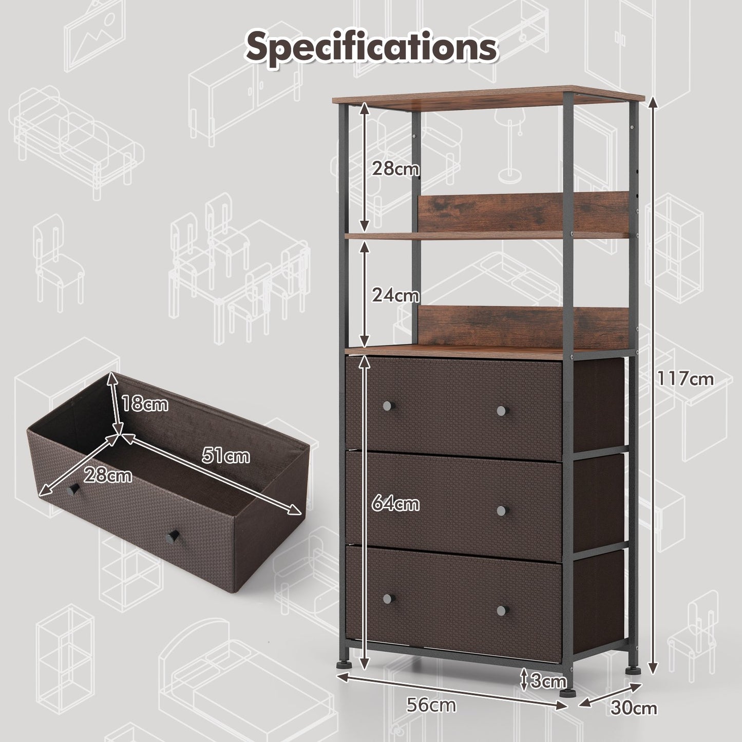 3 Drawer Dresser Home Vertical Fabric Storage Unit with Open Shelves-Rustic Brown