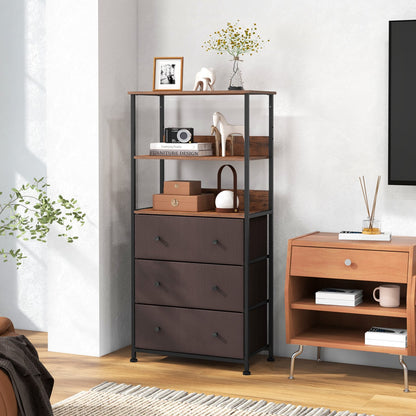 3 Drawer Dresser Home Vertical Fabric Storage Unit with Open Shelves-Rustic Brown