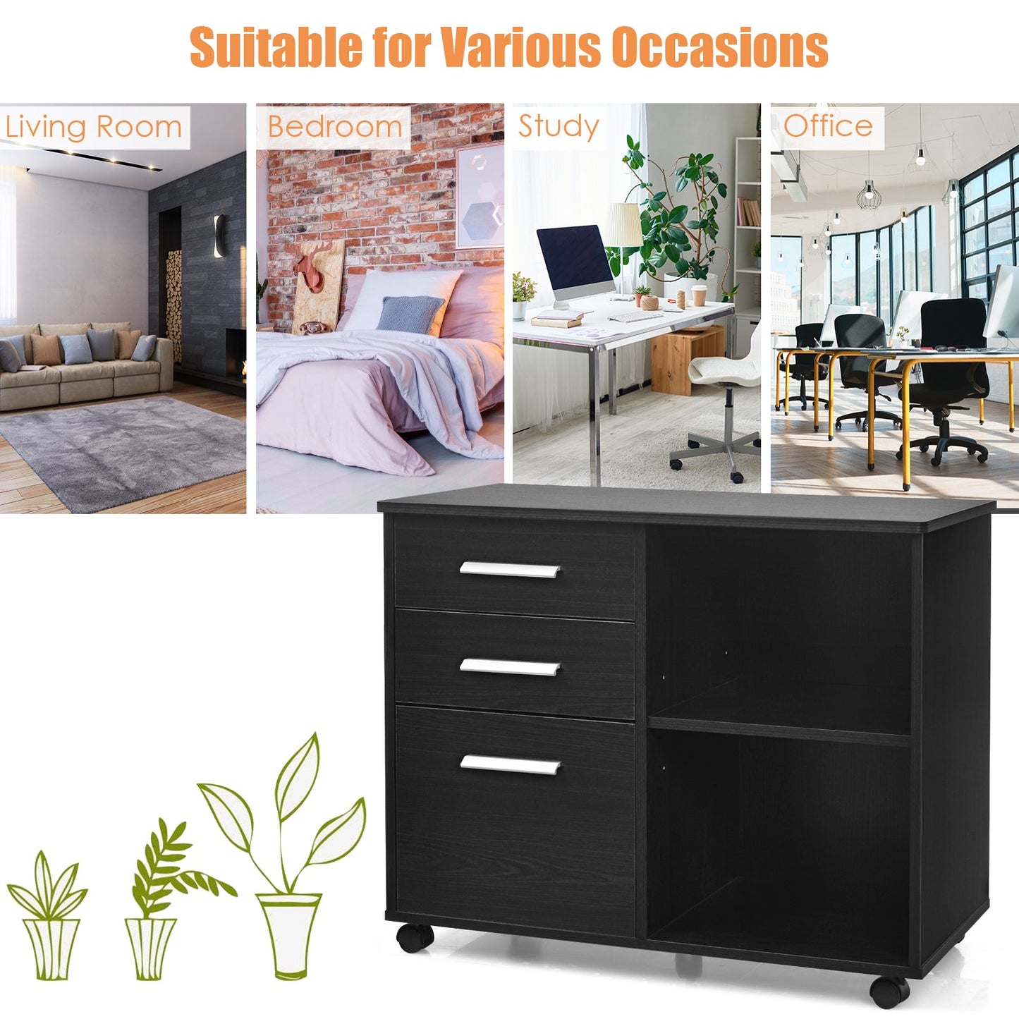 3-Drawer File Cabinet with Hanging Bars for Letter Size Documents-Black