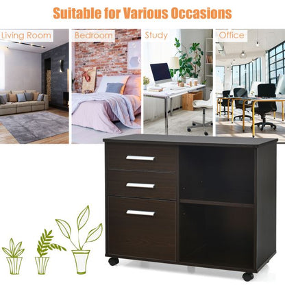 3-Drawer Mobile Lateral File Cabinet Printer Stand-Espresso