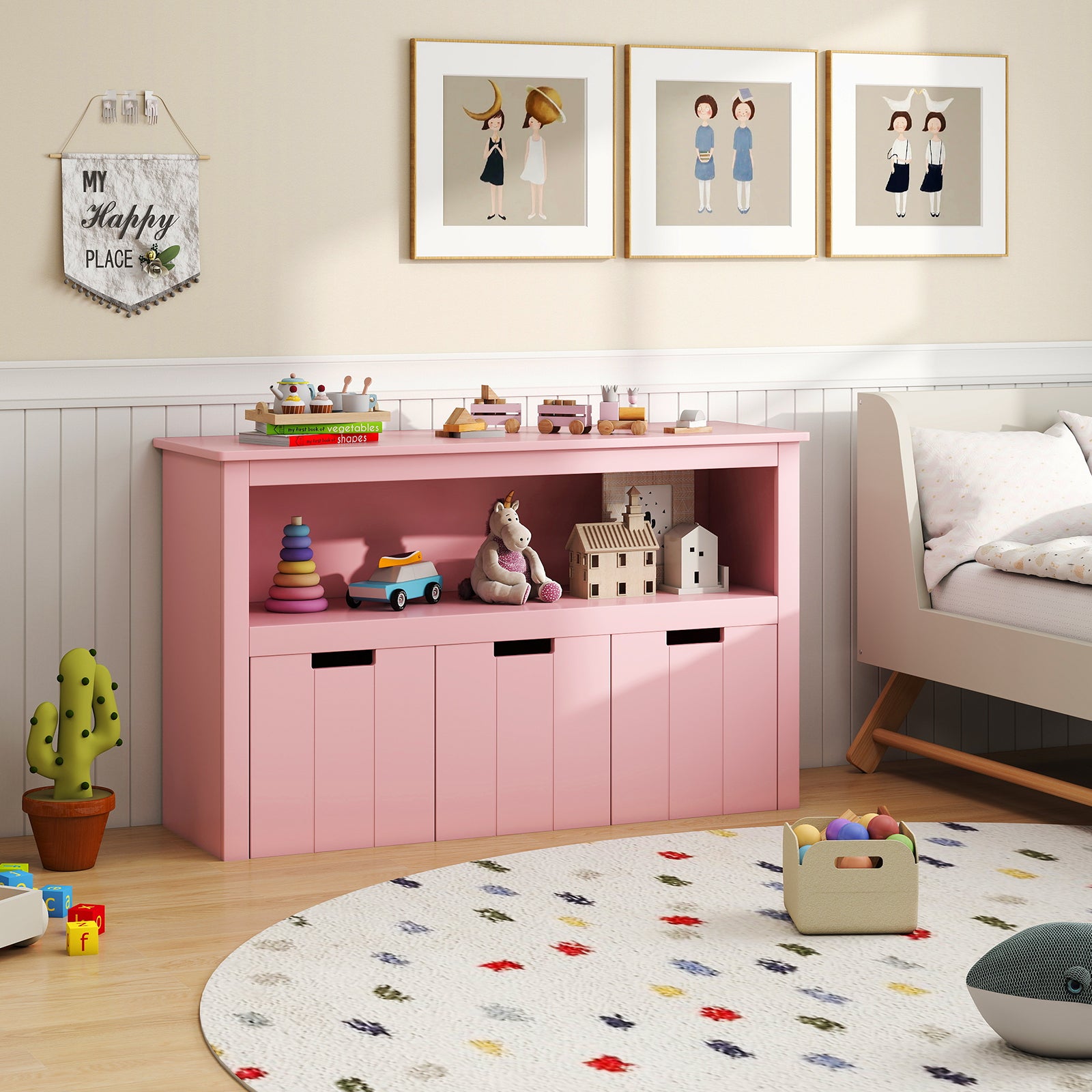 3-Drawer Wood Storage Cabinet with Wheels and Large Storage Space-Pink