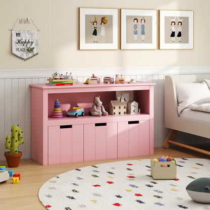 3-Drawer Wood Storage Cabinet with Wheels and Large Storage Space-Pink