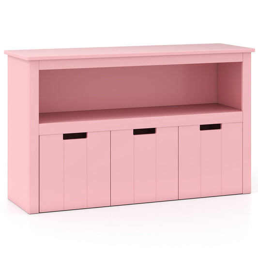 3-Drawer Wood Storage Cabinet with Wheels and Large Storage Space-Pink