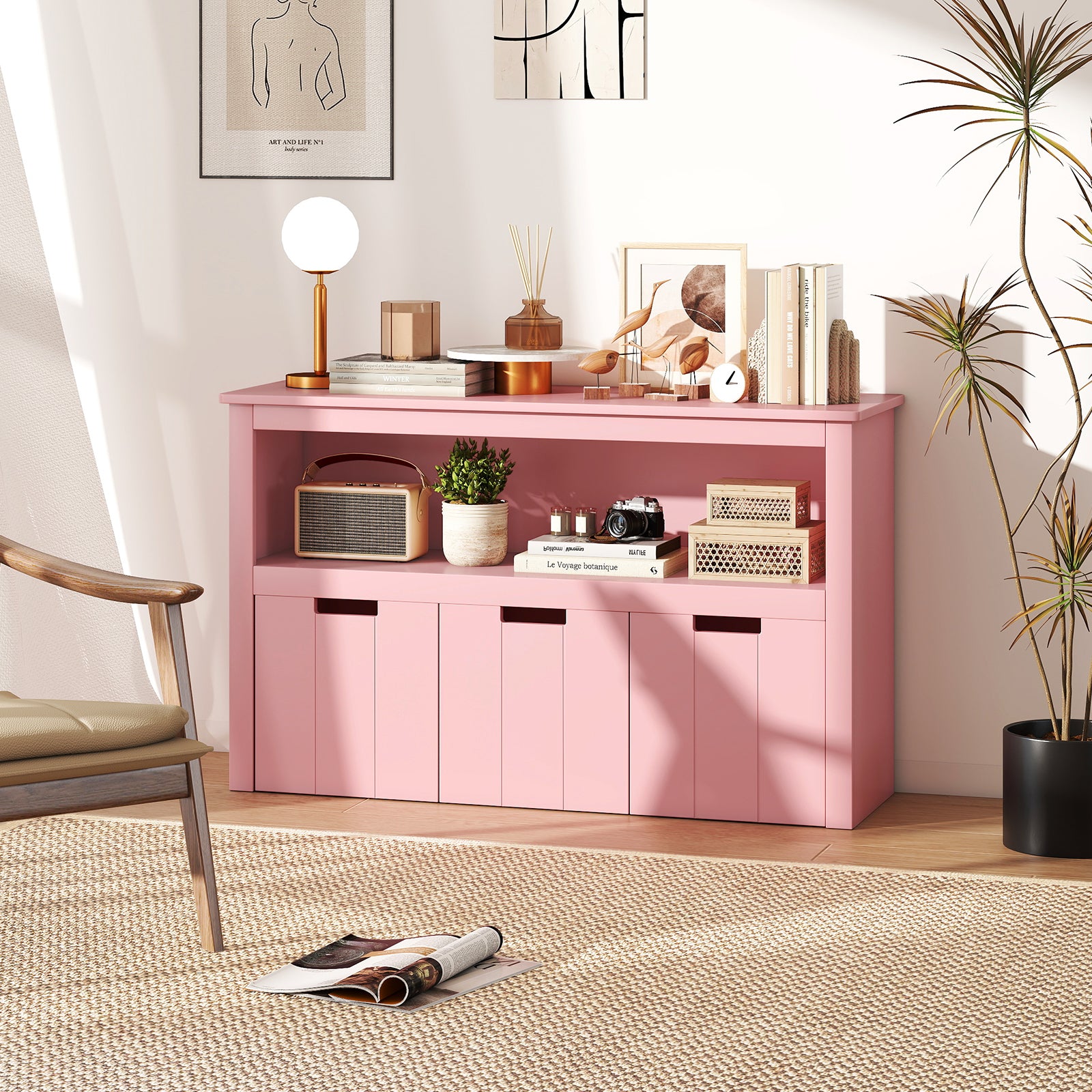 3-Drawer Wood Storage Cabinet with Wheels and Large Storage Space-Pink
