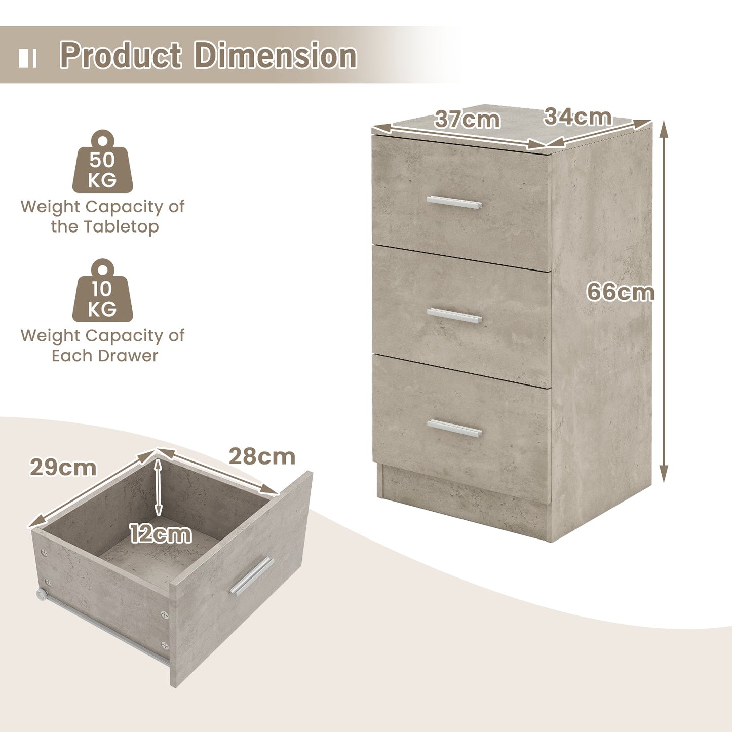 3-Drawer Wooden Dresser Cabinet with Anti-Toppling Device-Grey