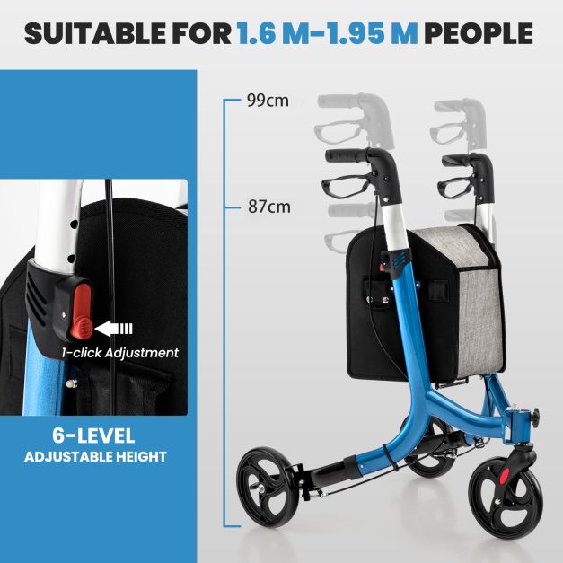 3-Wheel Rolling Walker with Adjustable Handle-Blue