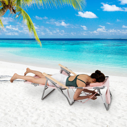 3-IN-1 Foldable Beach Chair Lay-Flat Tanning Chair with Face Hole-Beige